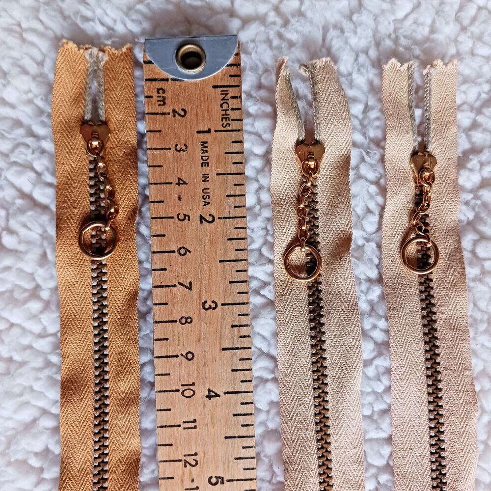 3 Vintage metal zippers #4 closed Brass teeth 13/16 in. Sml circlle chain pull